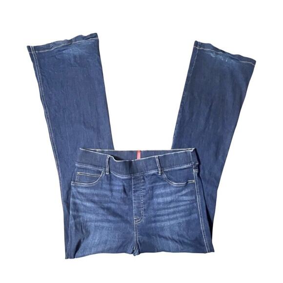 Spanx Jeans Women 1X (36x37) BLue Mid Wash Pull On Flare Stretch Denim Long Tall - Picture 1 of 10